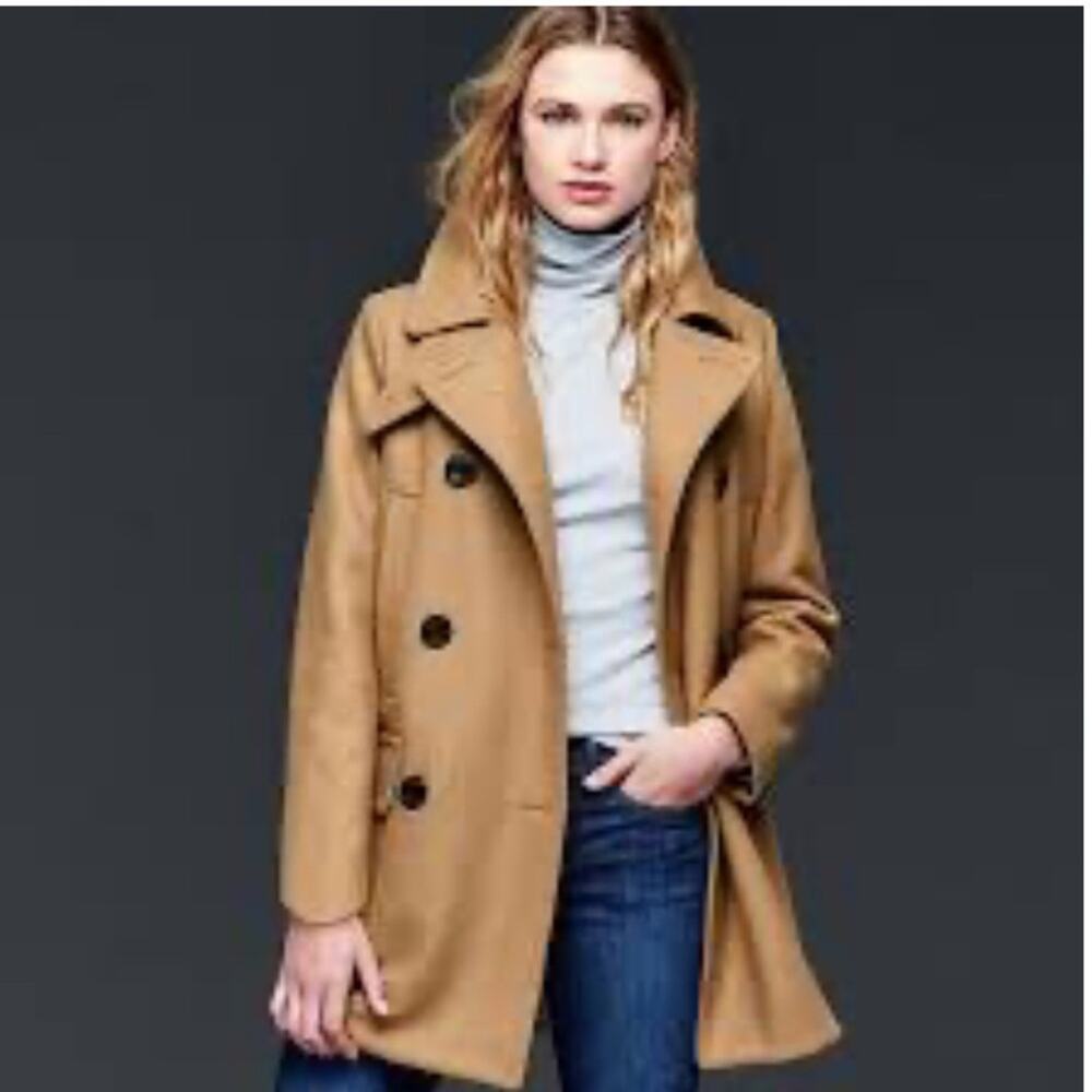 GAP Wool Double Breasted Pea Coat Womens XL Camel Brown Classic Preppy Timeless